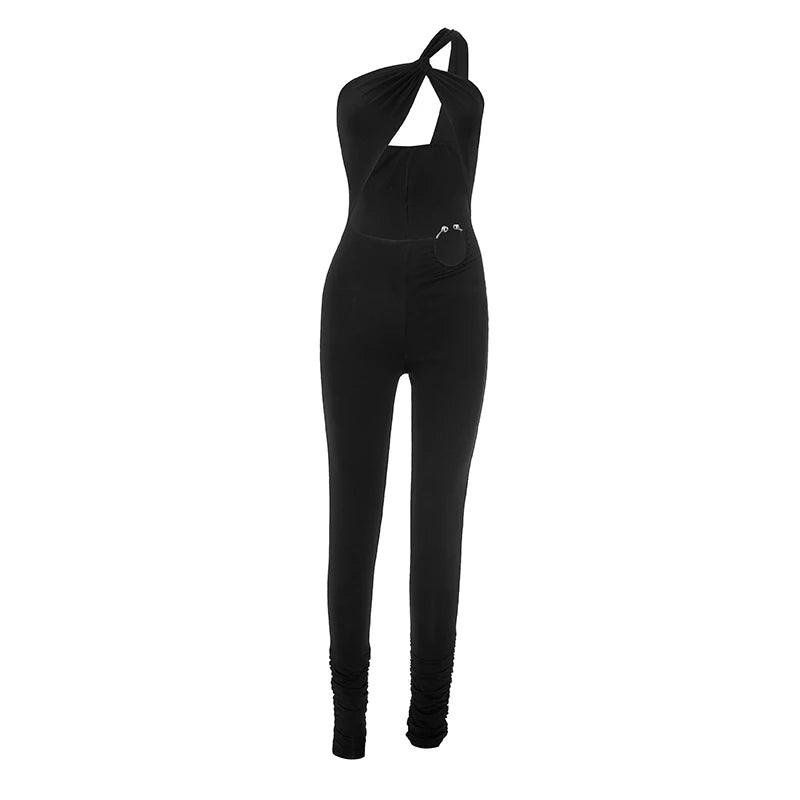 Macacão feminino sexy com alça única, estilo meia-noite.