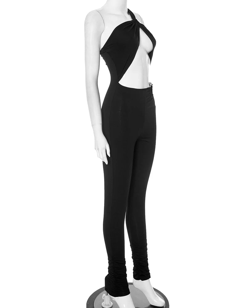 Macacão feminino sexy com alça única, estilo meia-noite.