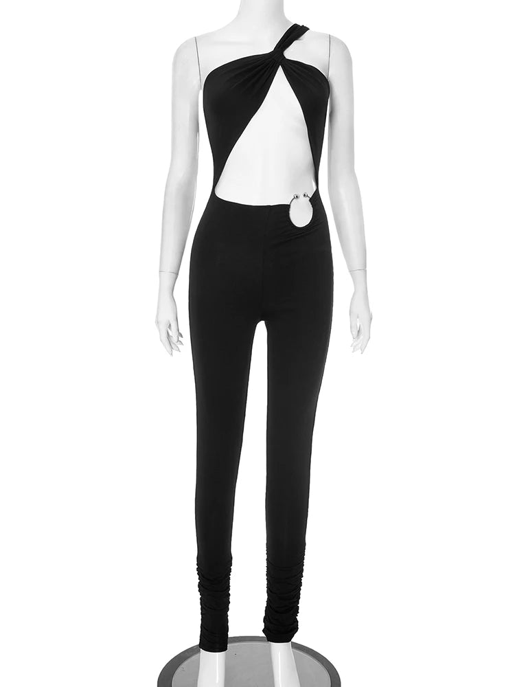 Macacão feminino sexy com alça única, estilo meia-noite.