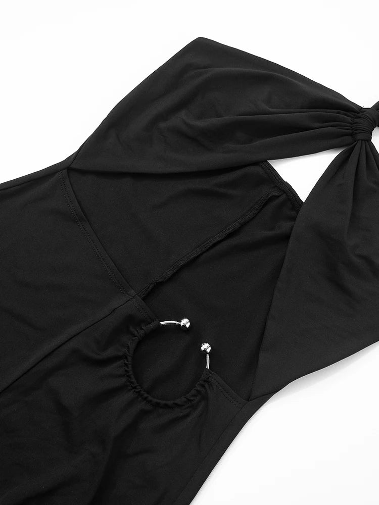 Macacão feminino sexy com alça única, estilo meia-noite.
