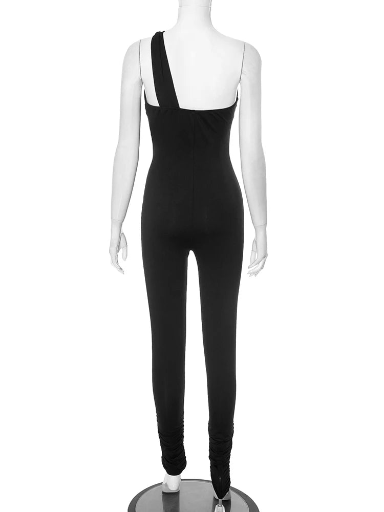Macacão feminino sexy com alça única, estilo meia-noite.
