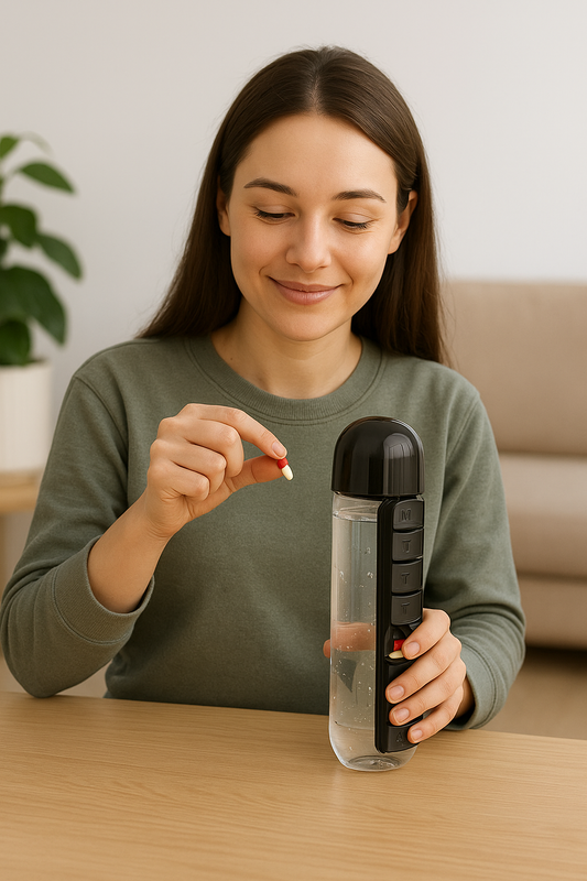 Garrafa 2 em 1 com Porta-Comprimidos – Hidratação e Praticidade Diária