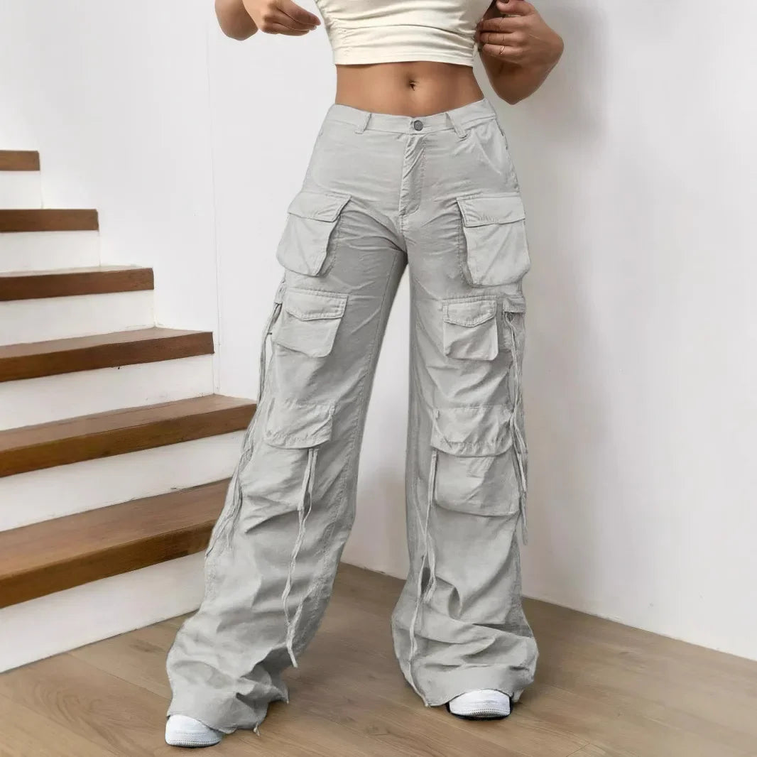 Calça Tática Feminina 8086 – Estilo Americano, Casual, Cintura Alta, Modelagem Solta, Bolsos Múltiplos e Corte Reto