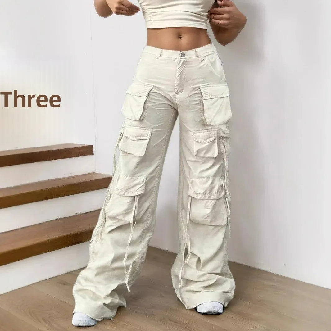 Calça Tática Feminina 8086 – Estilo Americano, Casual, Cintura Alta, Modelagem Solta, Bolsos Múltiplos e Corte Reto