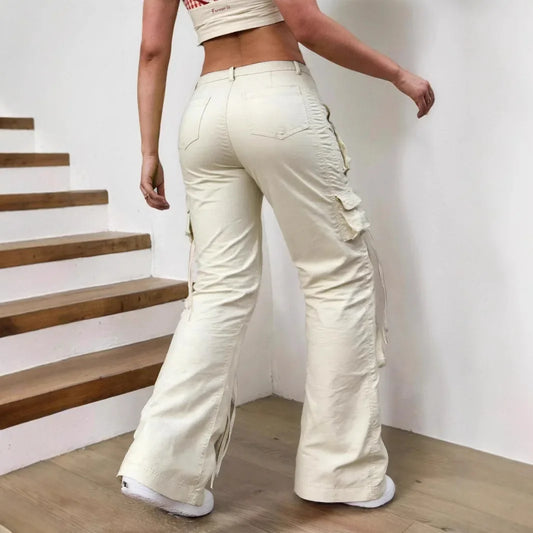 Calça Tática Feminina 8086 – Estilo Americano, Casual, Cintura Alta, Modelagem Solta, Bolsos Múltiplos e Corte Reto