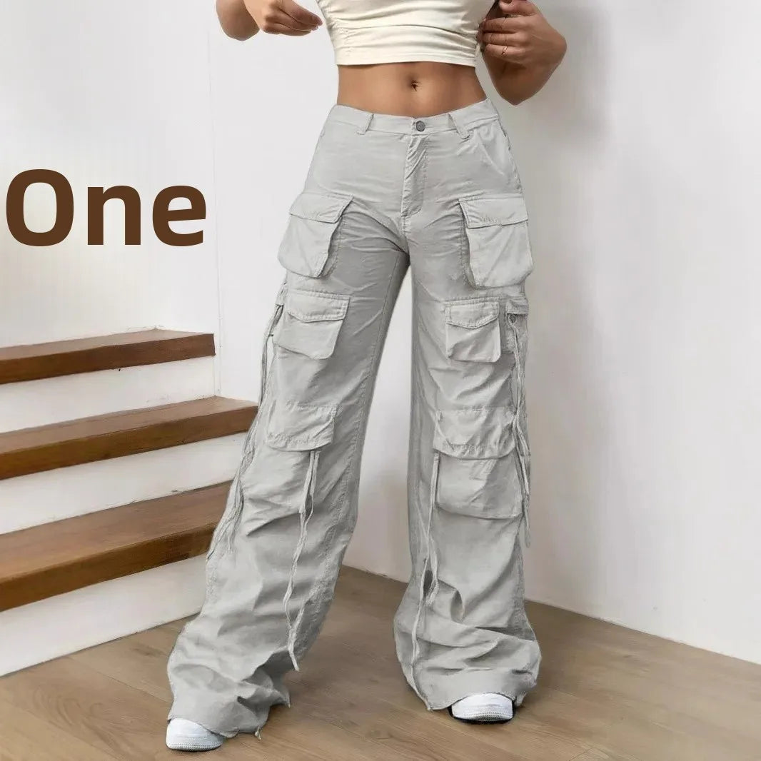 Calça Tática Feminina 8086 – Estilo Americano, Casual, Cintura Alta, Modelagem Solta, Bolsos Múltiplos e Corte Reto