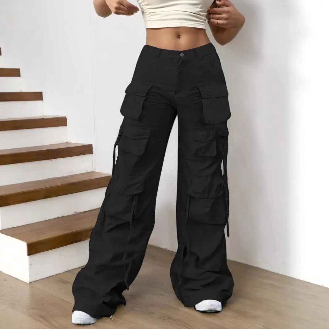 Calça Tática Feminina 8086 – Estilo Americano, Casual, Cintura Alta, Modelagem Solta, Bolsos Múltiplos e Corte Reto