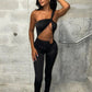 Macacão feminino sexy com alça única, estilo meia-noite.