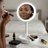 Espelho de Maquiagem LED 10x – Articulável com Compartimento Integrado