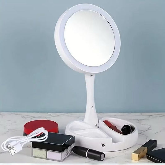 Espelho de Maquiagem LED 10x – Articulável com Compartimento Integrado