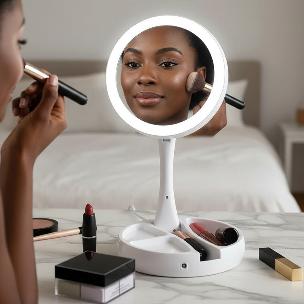 Espelho de Maquiagem LED 10x – Articulável com Compartimento Integrado