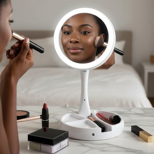 Espelho de Maquiagem LED 10x – Articulável com Compartimento Integrado